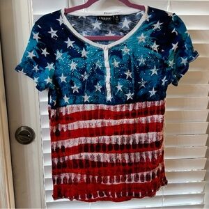 Onque Casuals Short Sleeve Henley Top in Blue, Red & White